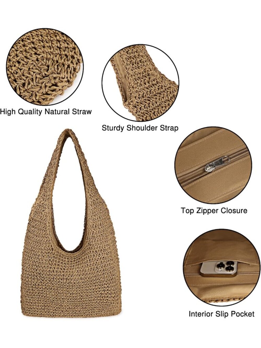 Women's Khaki Large Straw Beach Bag Handmade Woven Shoulder Bags Hobo Tote - Picture 4 of 6